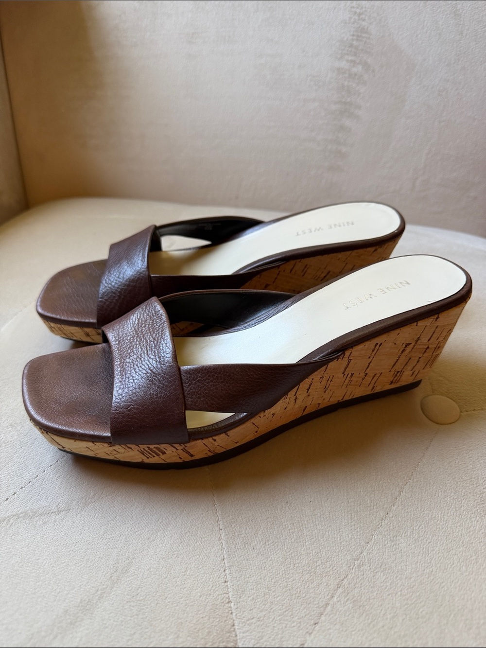 Nine West Brown Leather Cork-Textured Wedge Sandals